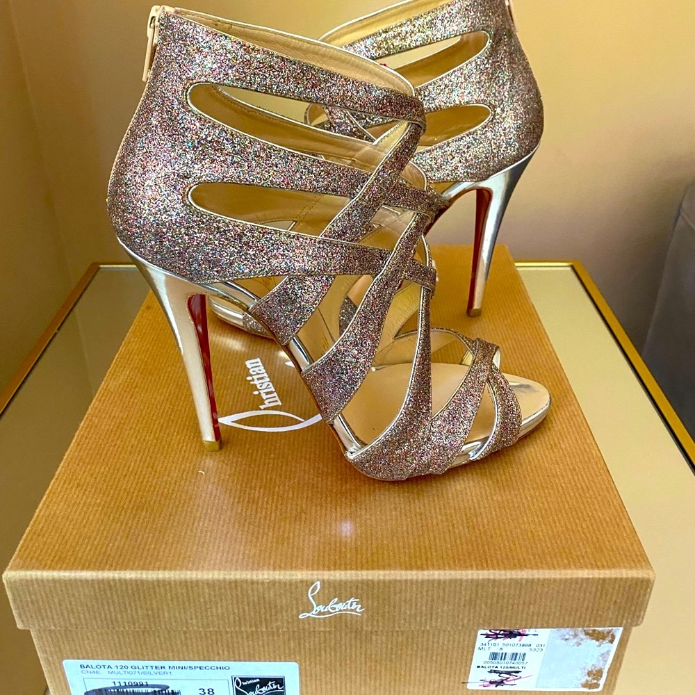 Louboutin Heels, Balato Glitter/multi/silver, size 38, never worn 4”.